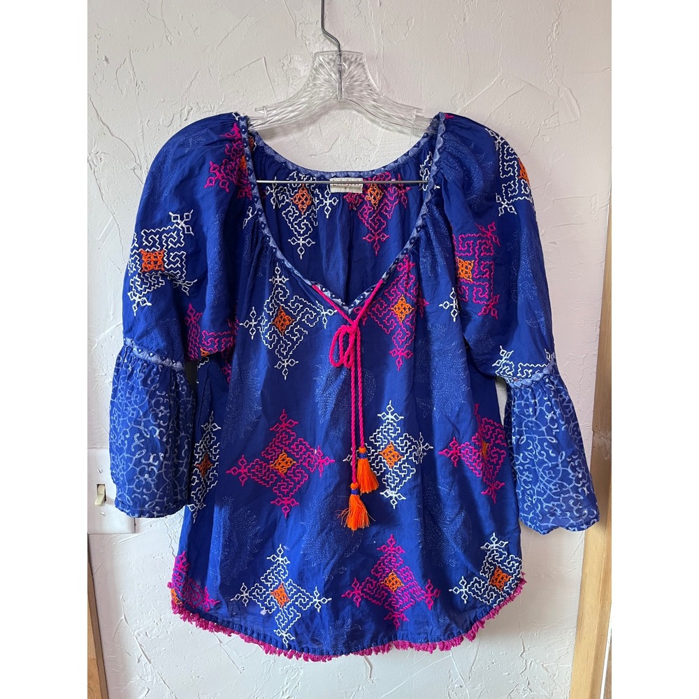 Lula Soul Blue Embroidered Cotton Peasant Blouse Small‎ Boho Tassel Pom Pom Trim